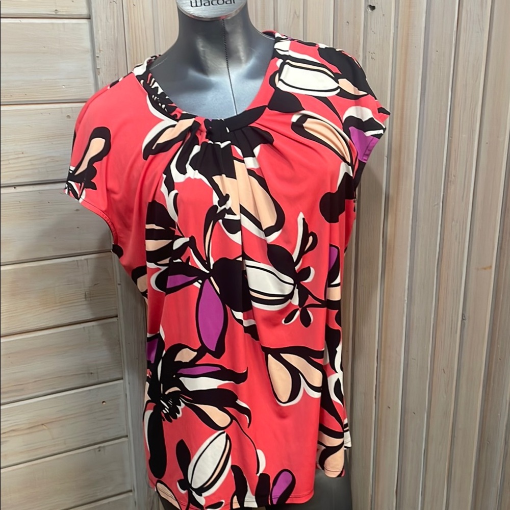 Worthington Orange Red Graphic Cap Sleeve Blouse
